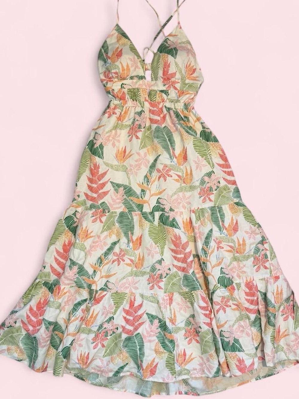 Tori Richard maxi dress with green and pink floral pattern